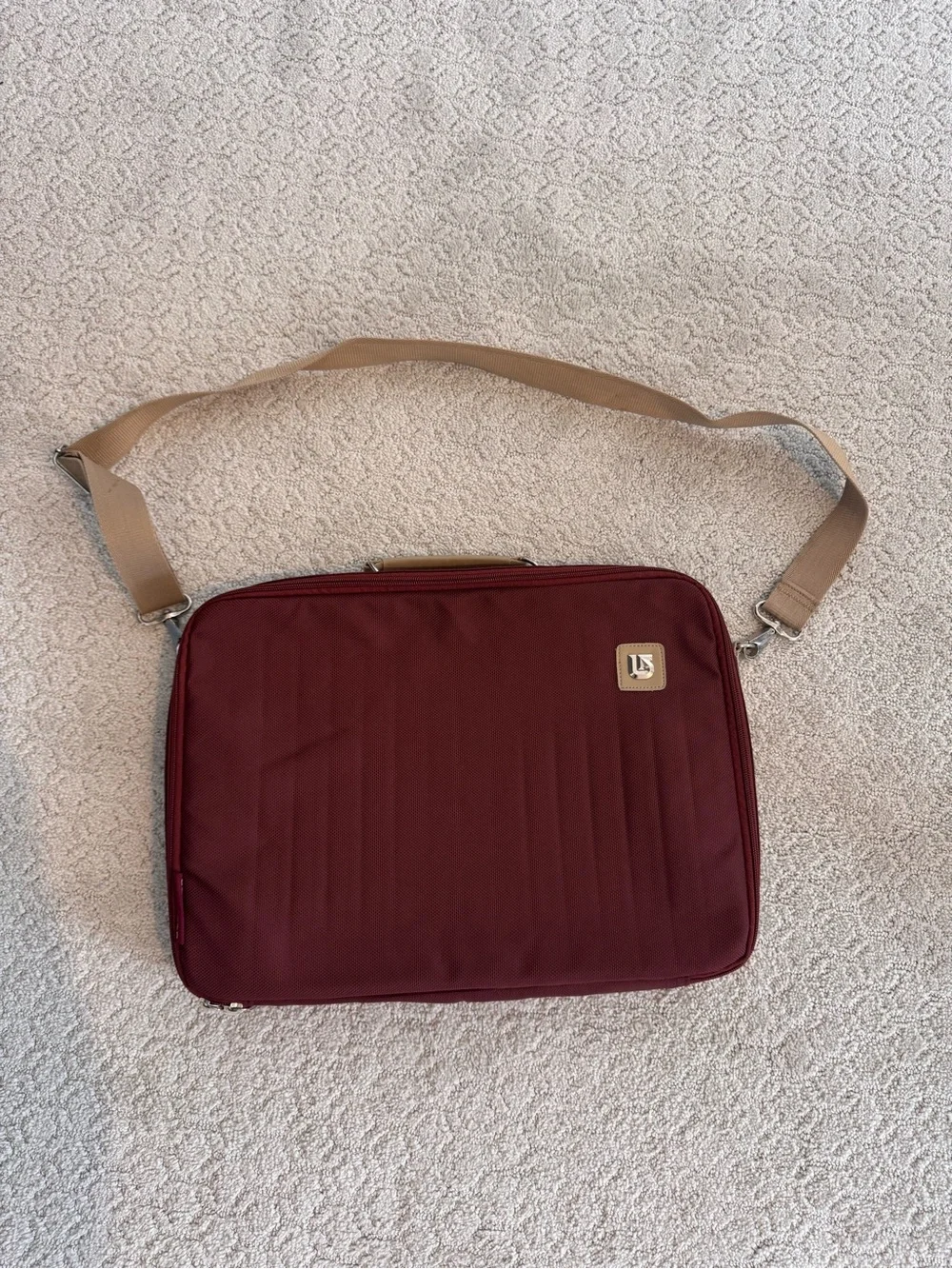 Burton Burgundy Crossbody Messenger laptop Bag with Tan Strap
